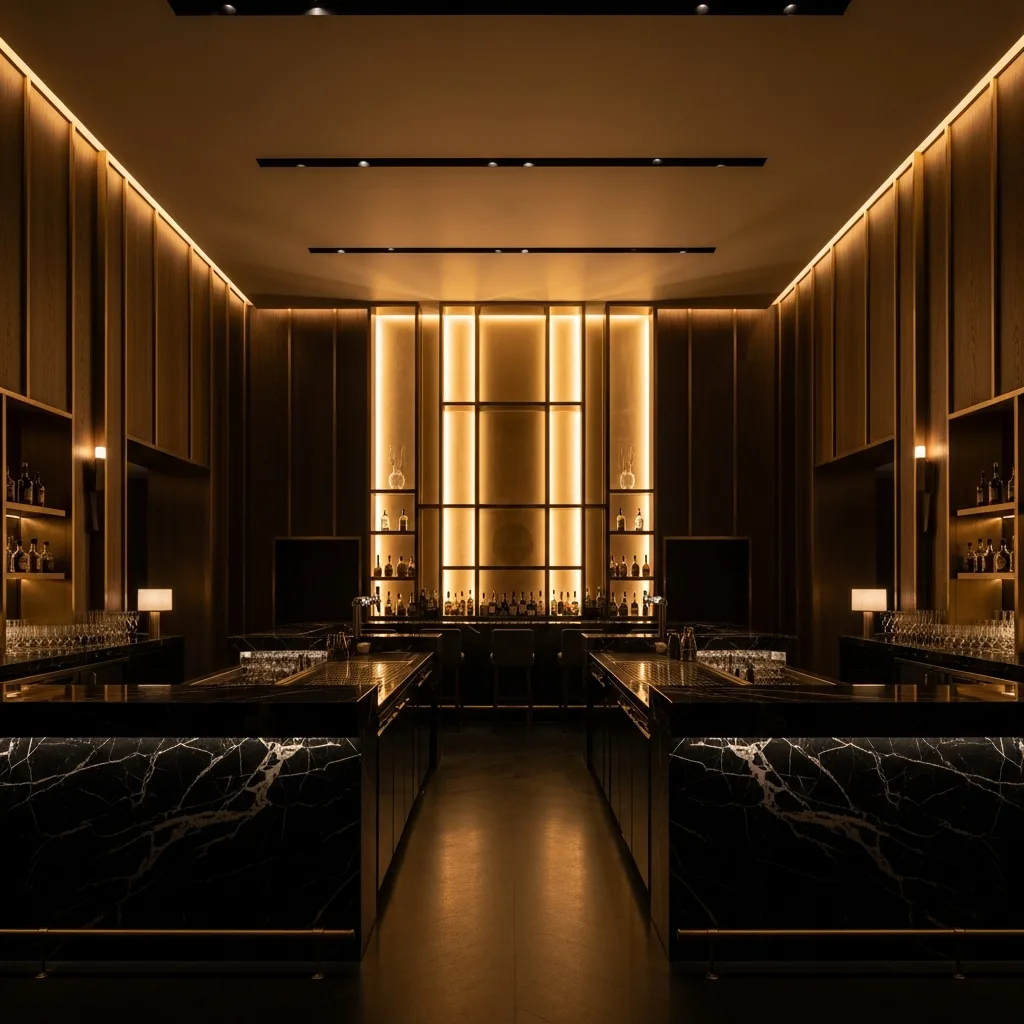 Luxury bar interior in Marbella, warm cinematic lighting, premium crowd, modern vending machine integrated into wall, subtle gold lighting accents
